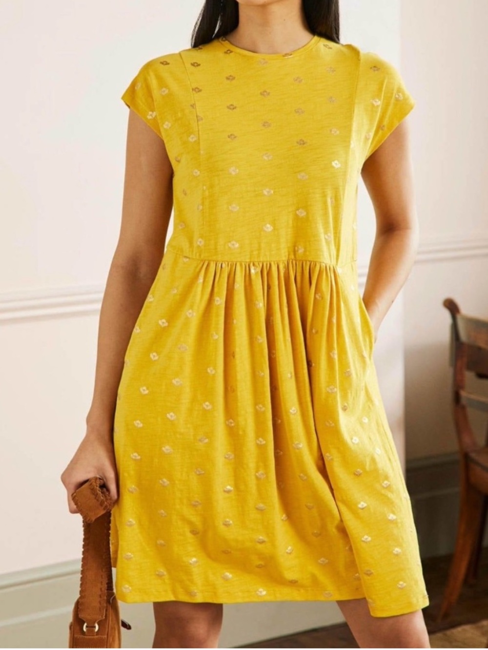 Boden Yellow Floral Dot Jersey Dress